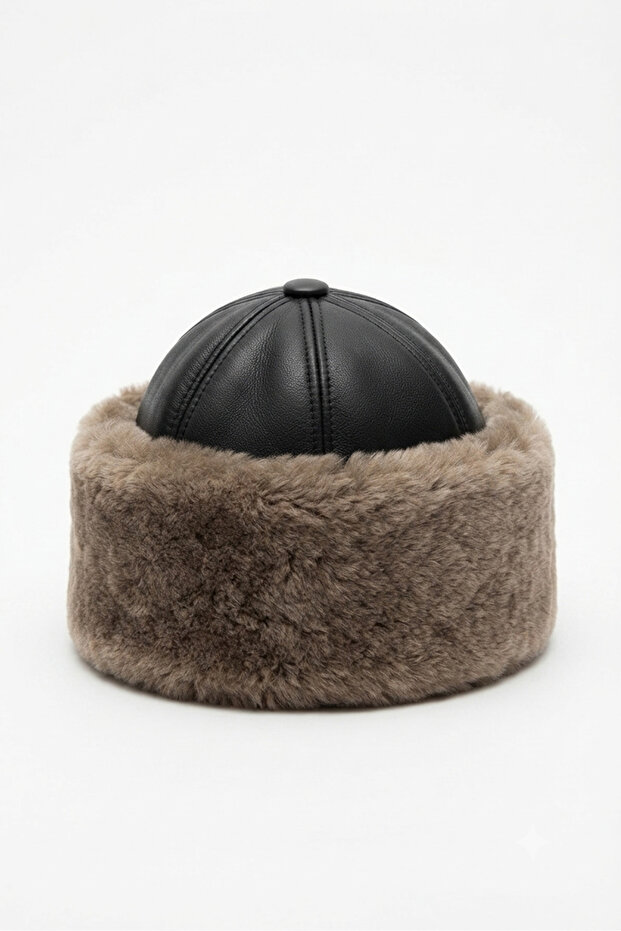 Genuine Leather Muton Fur Kalpak Bork Hat Ushanka Russian Mountaineer Headgear