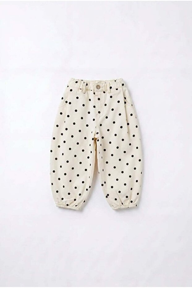Children's Cotton Black Polka Dot Ecru School Trousers with Elastic Waist