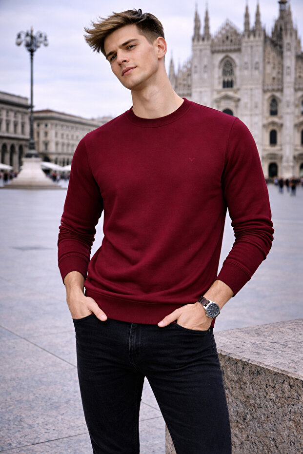 Men's Basic Crew Neck Loose Burgundy Winter Sweatshirt