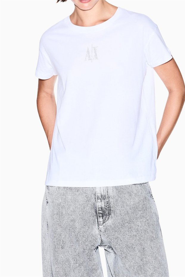 Armani Exchage Logo Rhinestone 100% Cotton Relaxed Fit Crew Neck t Shirt t Shirt Xw 000830   Af1