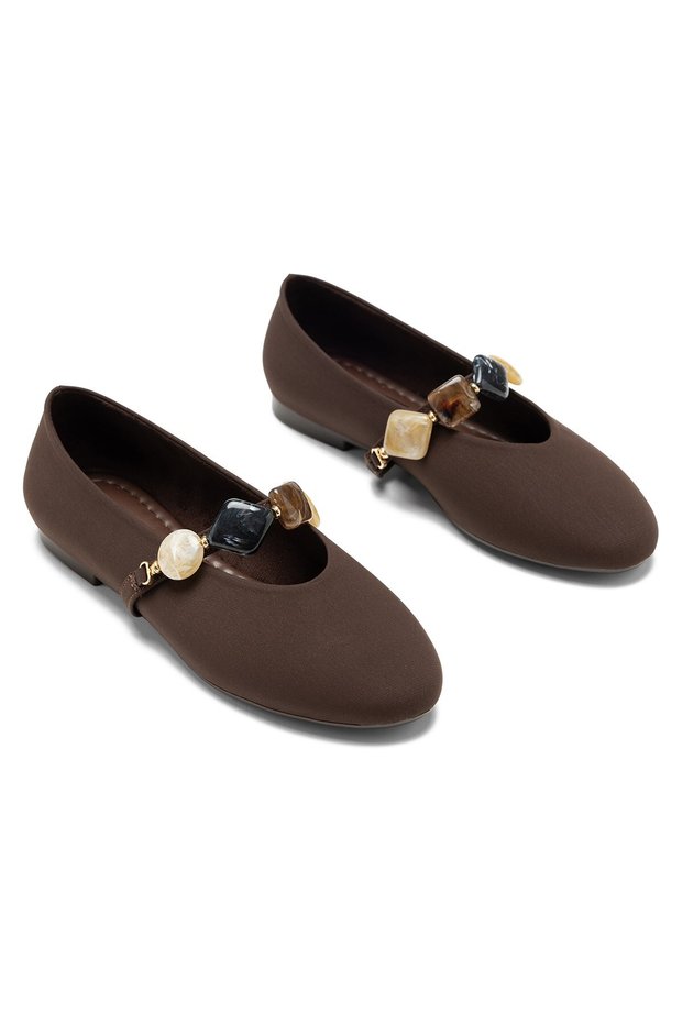 Women's Non-Slip Sole Buckle Rubber Detailed Brown Nubuck Ballerina Shoes