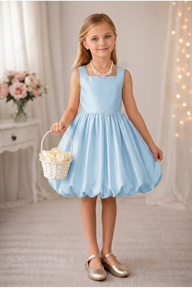 Girl's Elegant Square Collar Detailed Balloon Dress