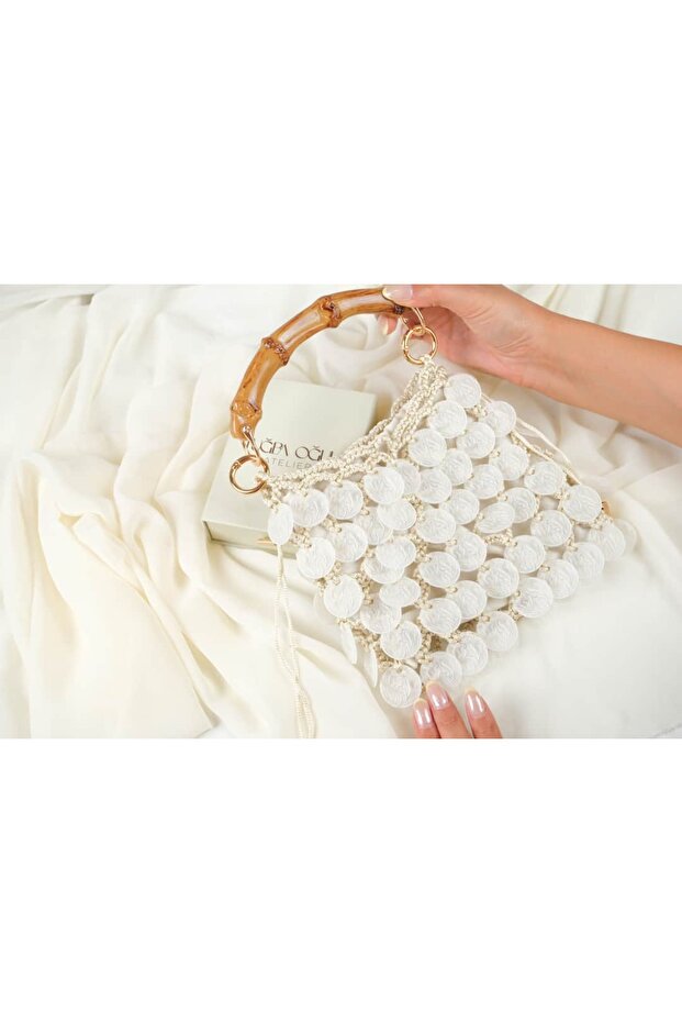 Çnt010 Bamboo Handle Sequin Embroidered Clutch Bag