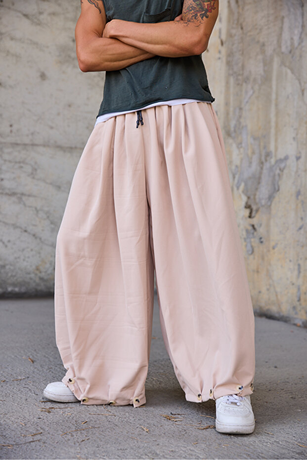 Men's Loose Shalwar Trousers with Elastic Waist and Button Detail on the Leg
