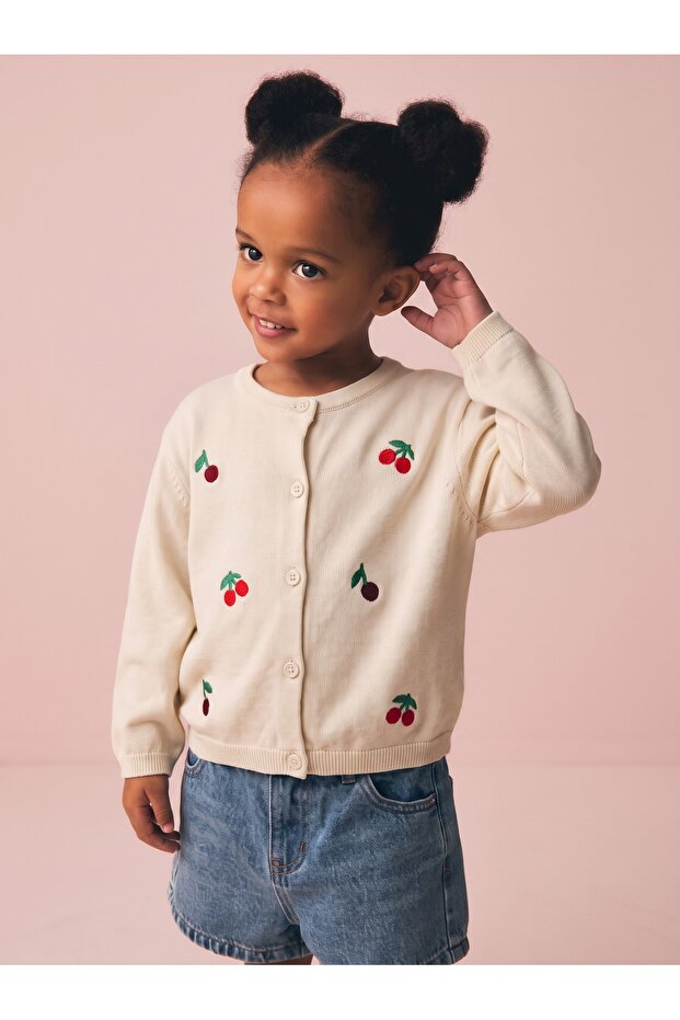 Girl's Cherry Embroidered Buttoned Front Knitwear Cardigan Beige