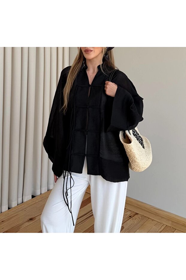 Cotton Kimono Shirt with Drawstrings