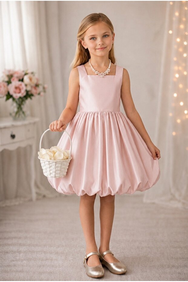 Girl's Elegant Square Collar Detailed Balloon Dress