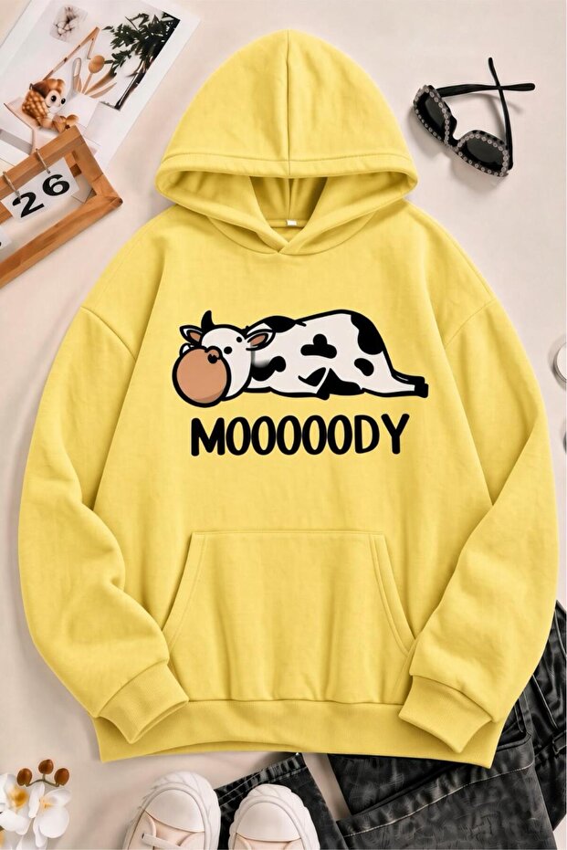 Sw Moooody Cute Cow Front Printed Unisex Oversize Hooded Sweatshirt - Hoodie