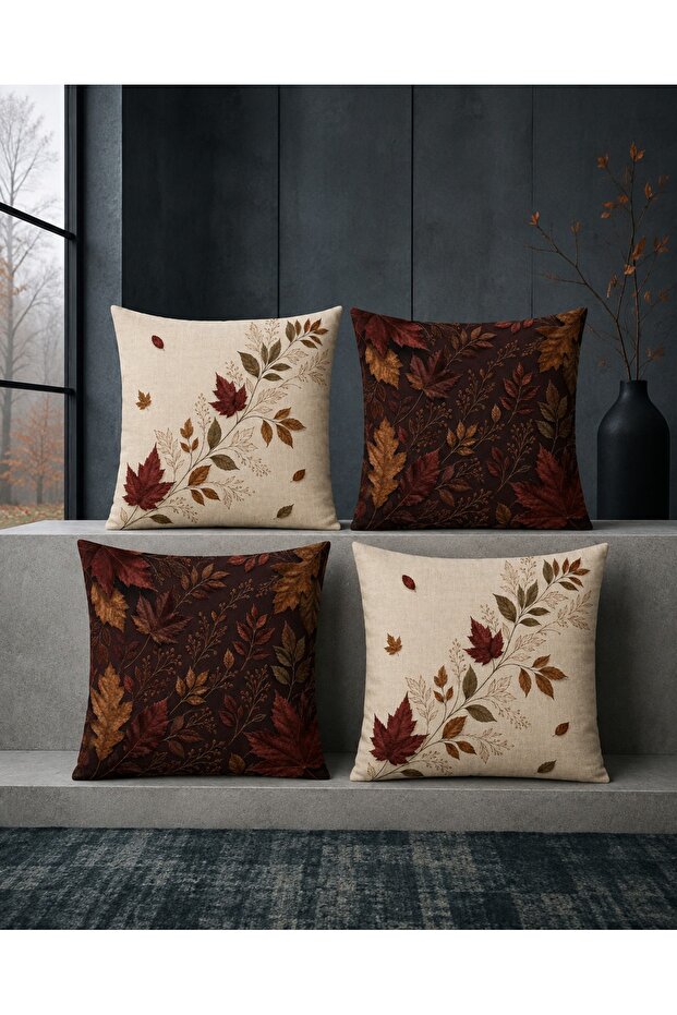 Cream Burgundy Brown Autumn Themed Digital Printed Set of 4 Decorative Throw Pillow Covers with Leaf Pattern