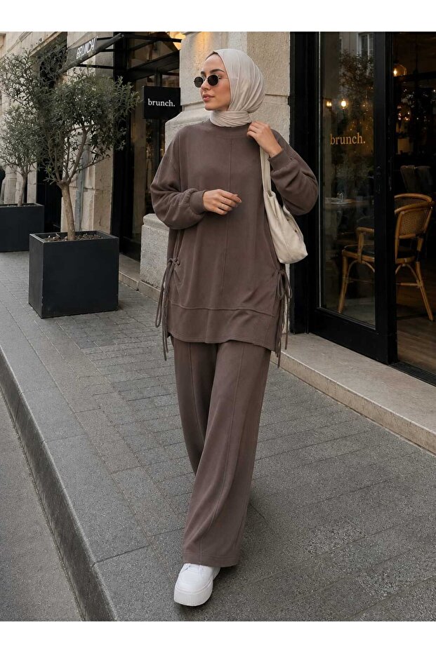 Women's Ribbed Detailed Side-Tie Long Tunic and Wide-Leg Pants Two-Piece Hijab Set