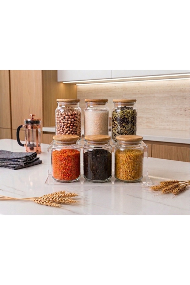 Set of 6 900 ml Glass Jars with Wooden Lids | Spice & Food Storage Container