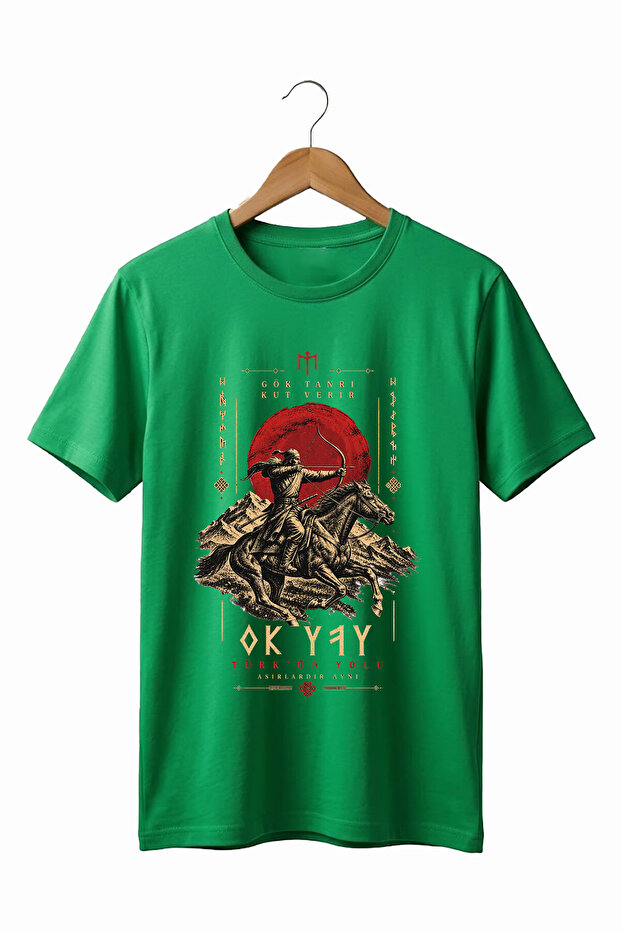 Göktürkçe Arrow and Bow Turkish Path Turkish Motif Horse Warrior Sky God Gives Kut Turkish History Printed 100% Cotton Crew Neck Basic Tshirt