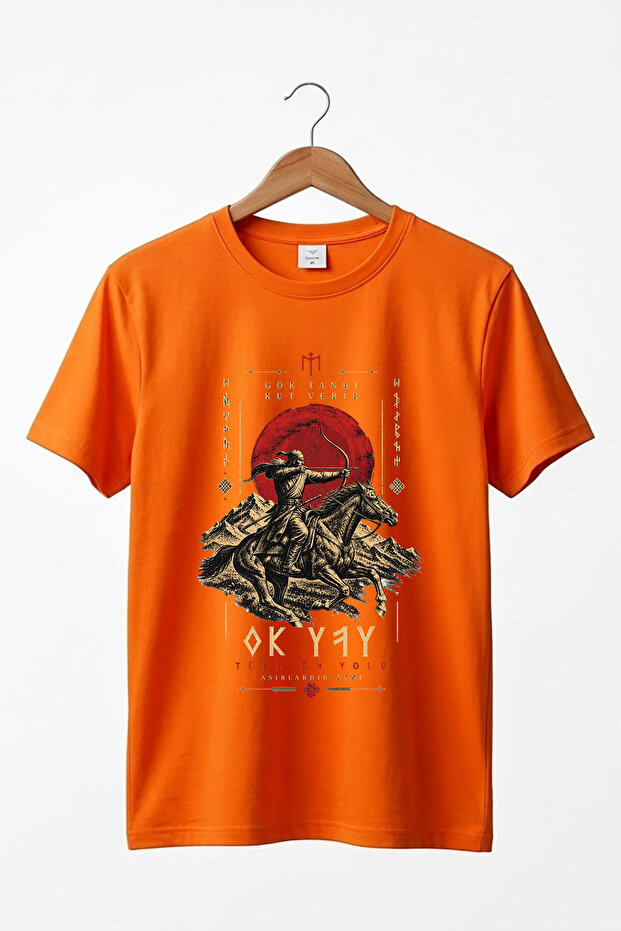 Göktürkçe Arrow and Bow Turkish Path Turkish Motif Horse Warrior Sky God Gives Kut Turkish History Printed 100% Cotton Crew Neck Basic Tshirt