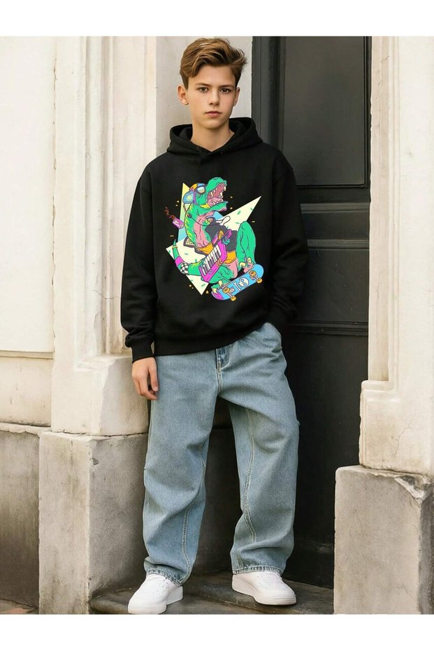 Children's Rocking T-Rex Printed Hoodie Hooded Sweatshirt Combed Cotton Fabric 3 Yarns Raised Pattern Unisex Winter Sweatshirt