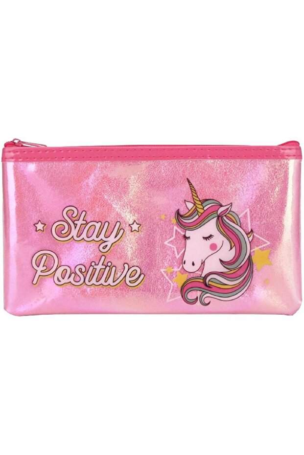 حافظة أقلام ناعمة، تصميم يونيكورن شفاف ولامع بعبارة "Stay Positive"، متينة وأنيقة، باللون الأرجواني الفاتح