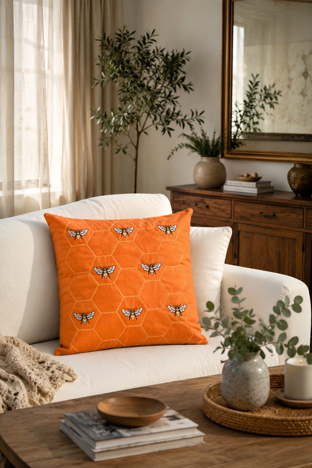 Premium Embroidered Cushion Cover - 43*43 cm - Bronze Honeycomb - Pnk001