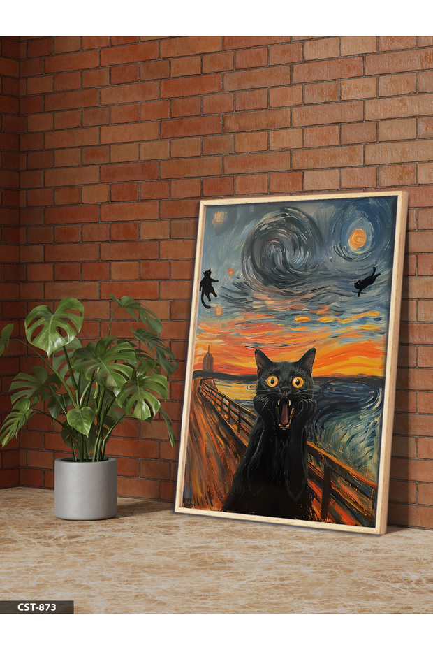 Black Cat Screaming One-Piece Wooden Framed Painting