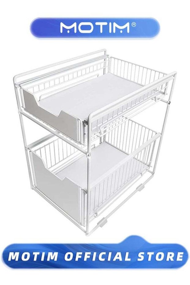 Kitchen Organizer Under Sink Storage Rack 2-Tier Stackable Cabinet Organizer Shelf with Sliding Drawer Suitable for Kitchen Storage Savers (White)