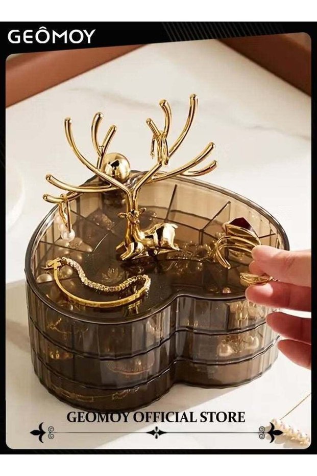 3 Layers Rotating Heart Shape Jewelry Organizer Box with Deer Decor Clear Acrylic Waterproof and Dustproof Jewelry Display Case with Cover Jewelry Tray Case for Rings, Earrings, Bracelets