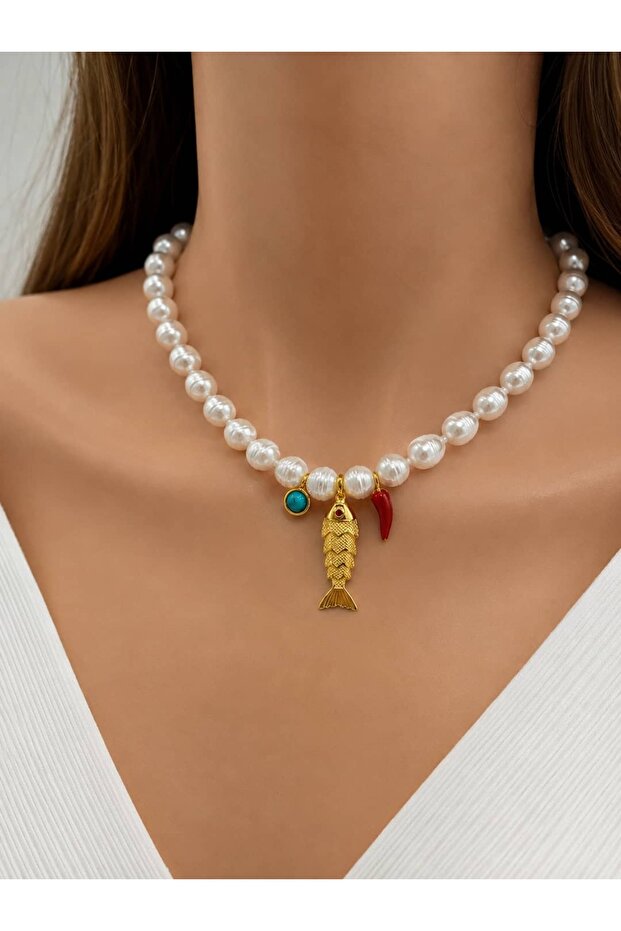Gold Fish Design Pearl Necklace