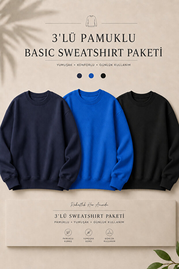 3 Pieces Men's 100% Cotton Regular Fit Basic Sweatshirt
