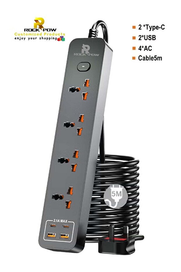 5 meters Universal Extension Lead with Multiple Function UK Plug 3 Pin Socket Outlet with 4