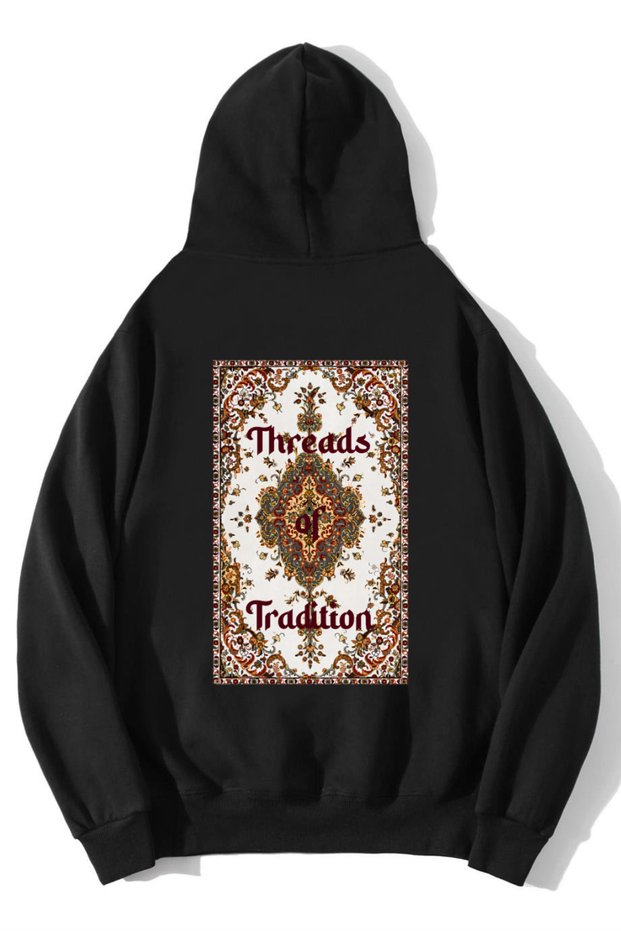 Unisex Oversize Threads of Tradition Vintage Carpet Motif Hoodie Black