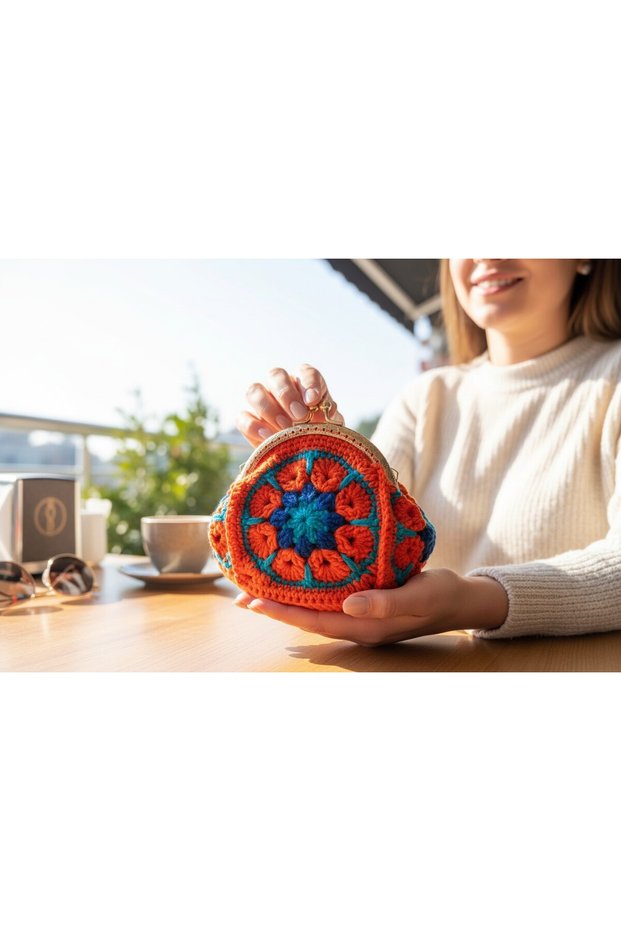 Handmade Crochet Flower Motif Coin Purse Colorful Mini Wallet with Metal Clip
