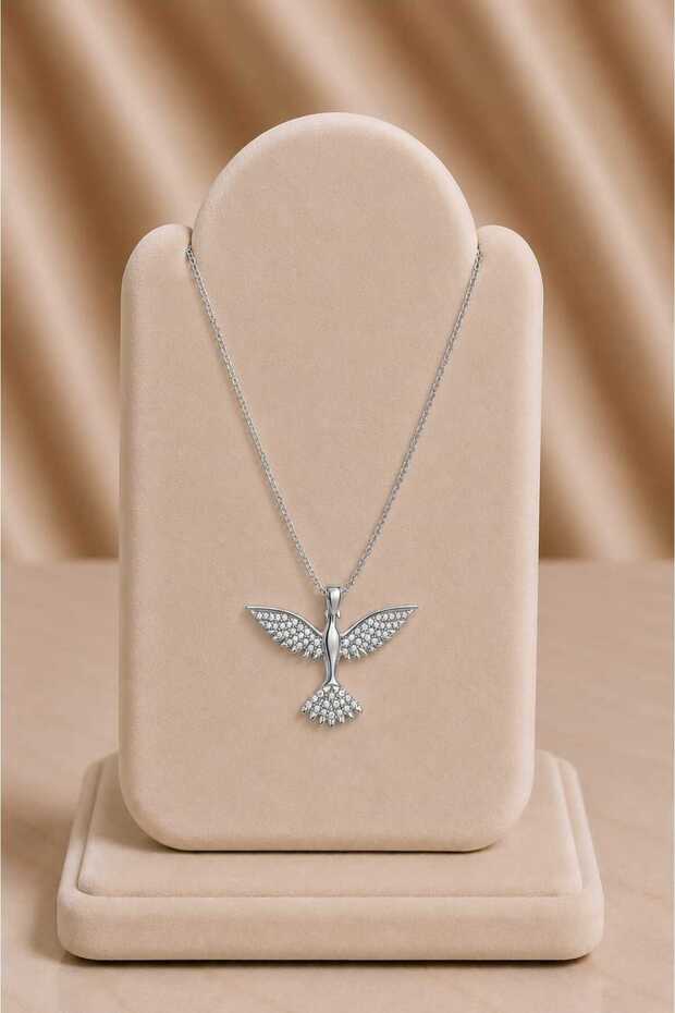 Silver Color Steel Necklace with Stone and Winged Bird Figure