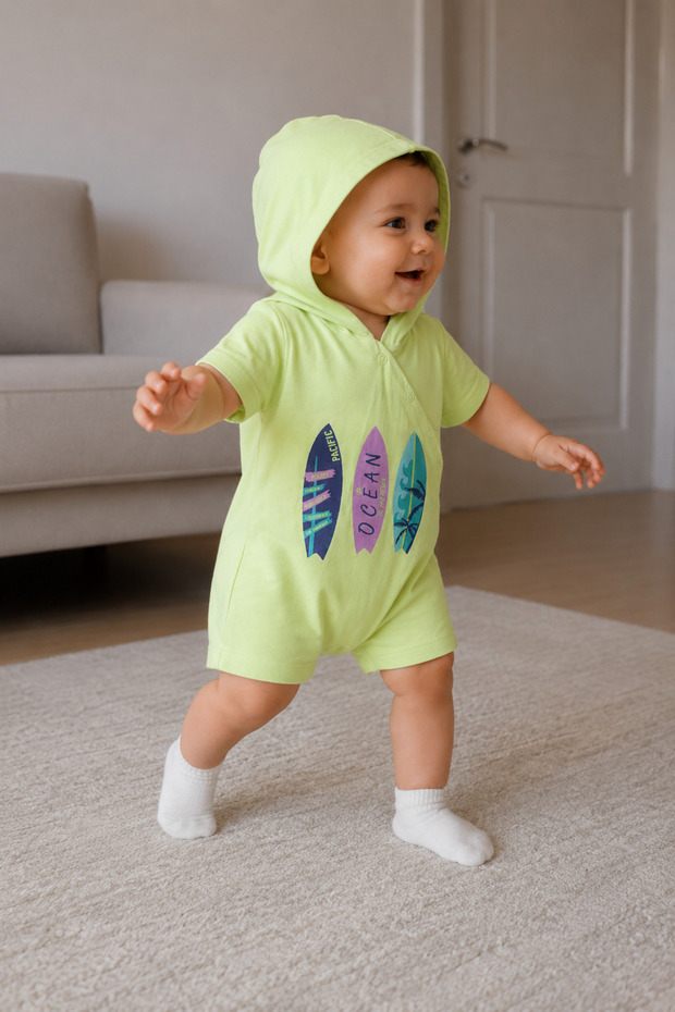 Hooded Ocean Printed Short Sleeve Unisex Baby Rompers 10231