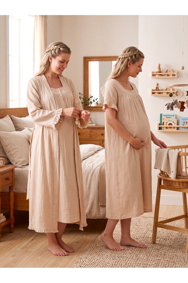 New Season Beige Muslin Fabric Buttoned Breastfeeding Compatible Design Short Sleeve 100% Cotton Maternity Nightgown Set of 2