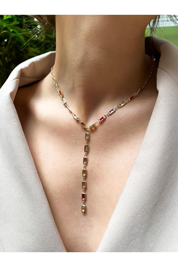 Rectangular Y Necklace with Colorful Stones