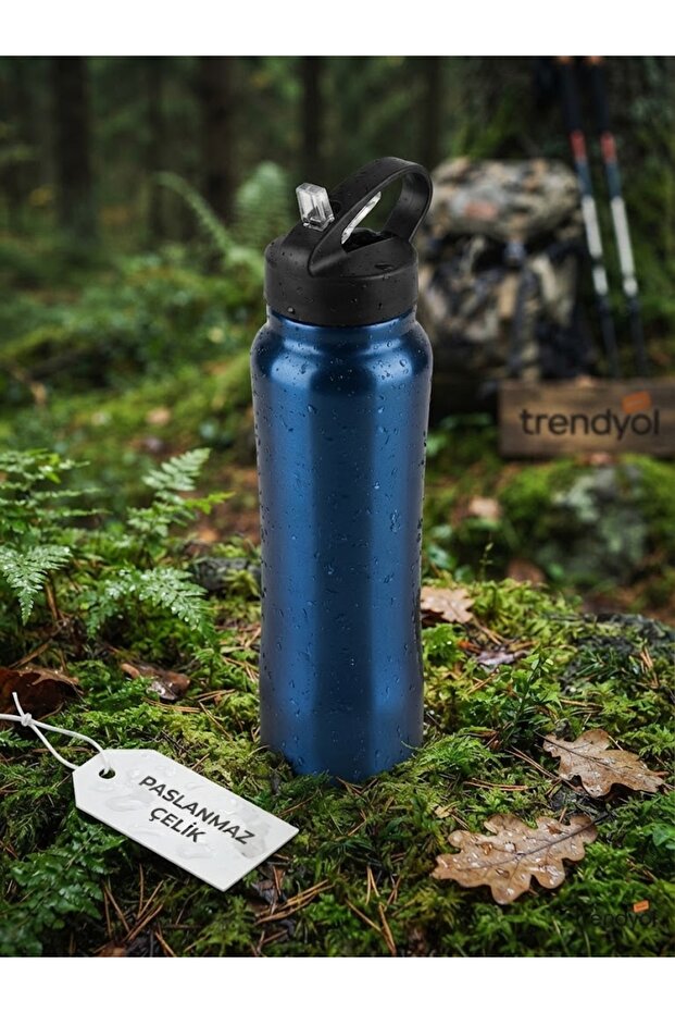 Steel Thermos with Straw, Navy Blue