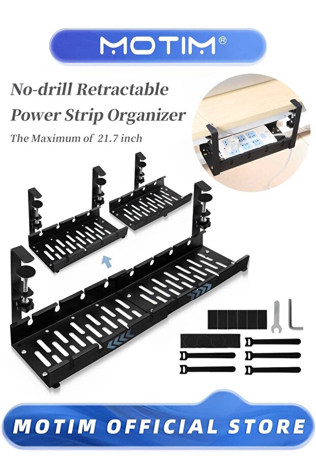 No Drill Under Desk Cable Management Tray 21.7" Retractable Clamp Mounted Desk Cable Cord Organizer for Wire Management Sturdy Metal Cable Tray Basket for Home Office