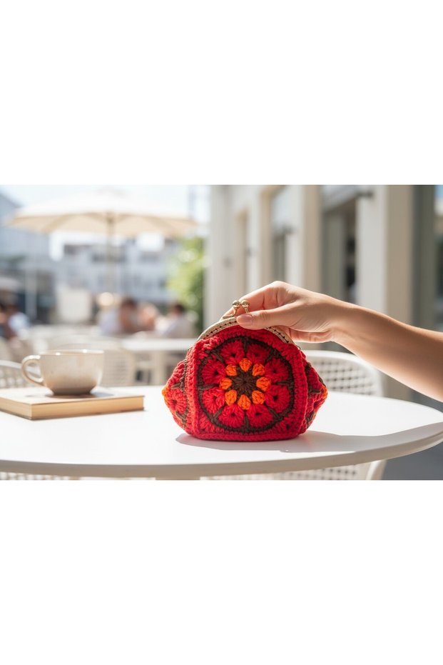 Handmade Crochet Flower Motif Coin Purse Colorful Mini Wallet with Metal Clip