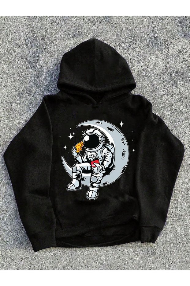 Children's the Man in the Moon Printed Hoodie Hooded Sweatshirt Combed Cotton Fabric 3 Yarns Raised Texture Unisex Winter Sweatshirt