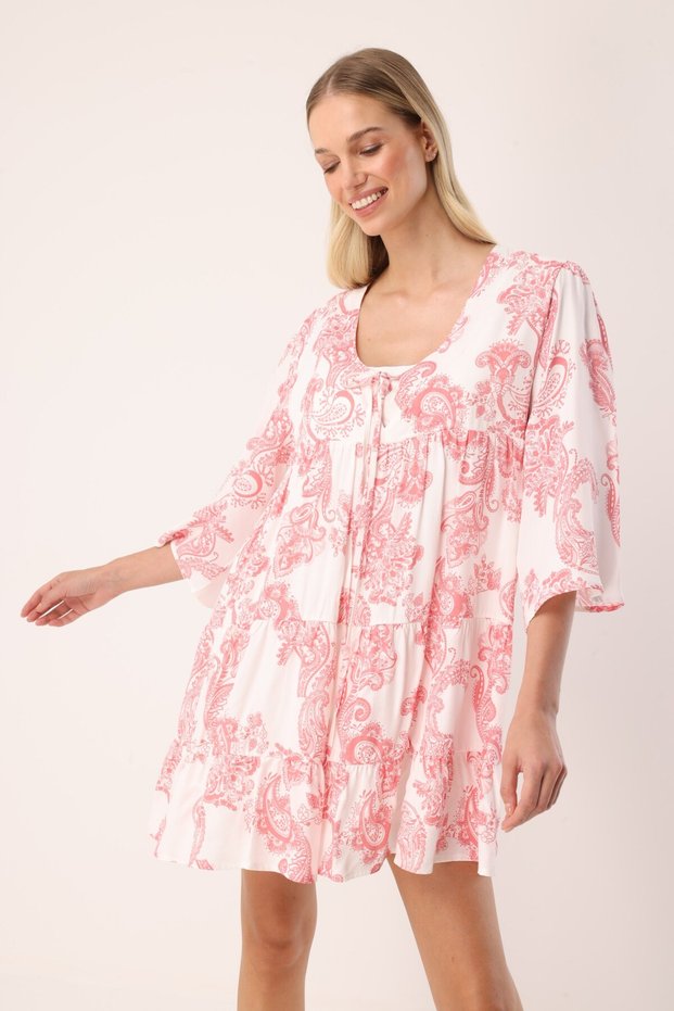 Paisley Patterned V-Neck Tie-Detail Pink and White Women's Mini Dress – Lavinia