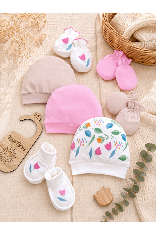 7-Piece Cotton Newborn Tulip Baby Set (3 Hats-3 Gloves-Booties)