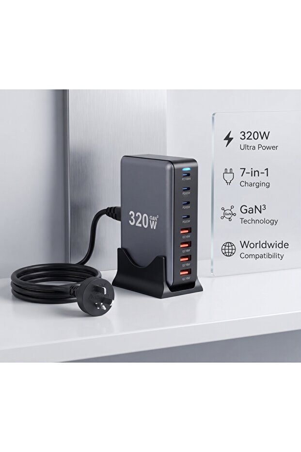 شاحن مكتبي DENX DX237 قوي بقدرة 320 واط مع 8 منافذ تقنية GaN