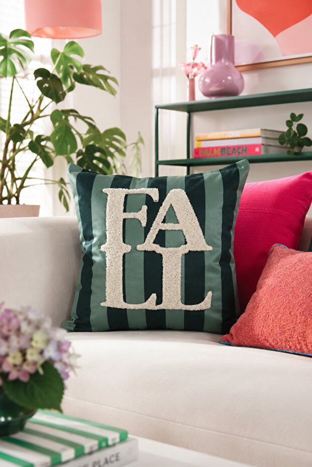 Punch Embroidered Throw Pillow Cover - 43*43 cm - Striped Mold Green Fall - Pnk001
