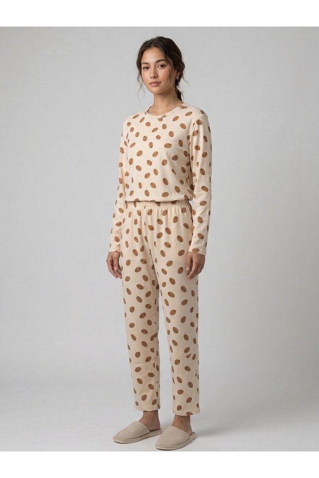 Women's Crew Neck Printed Cotton Pajama Set Beige