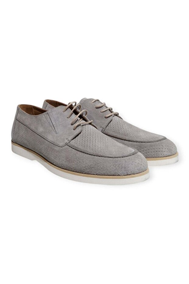 Gray Color Lace-Up Genuine Suede Leather Men's Shoes