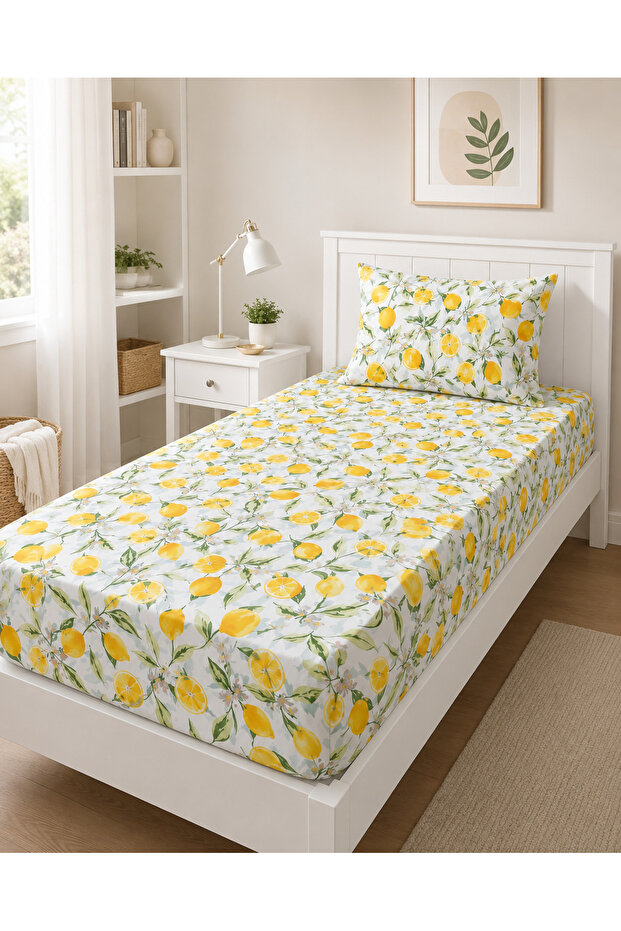 Lemon Patterned Single Elastic Bed Sheet Set 100X200 cm + 1 Piece 50X70 cm Zippered Pillowcase