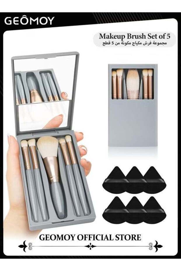 Travel Size 5pcs Makeup Brushes Set Easy-Taken Mini Makeup Brush Set with Case & Mirror Small Complete Function Cosmetic Brushes Kit With 6pcs Triangle Powder Puff