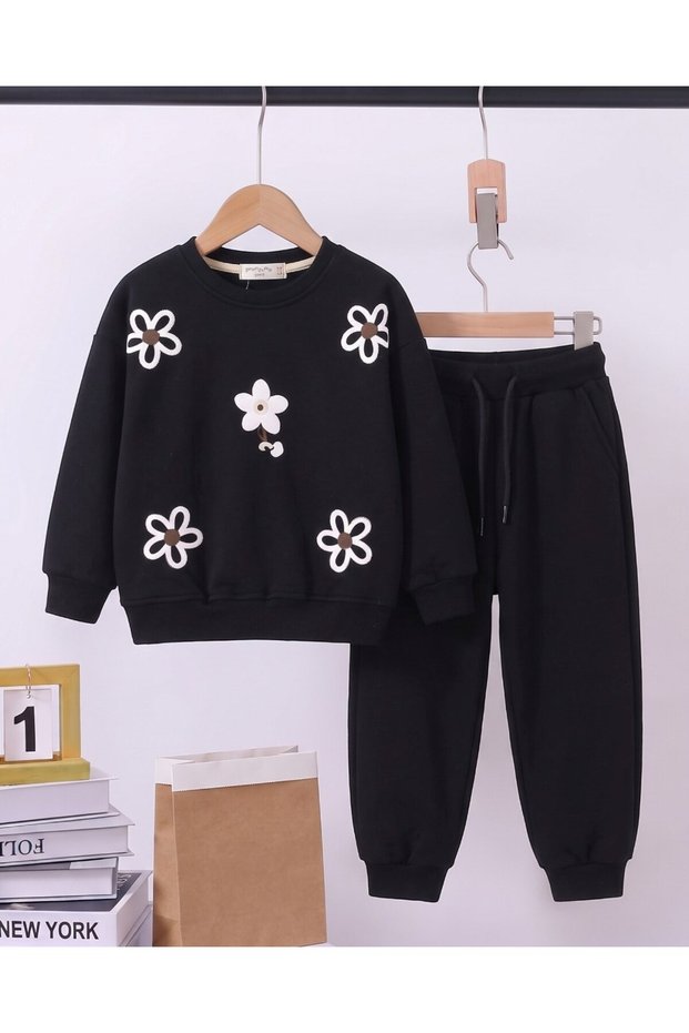 Girl's Winter 3-Strand Embroidered Floral Embroidered Tracksuit Set for Ages 5-6-7-8-9-10-11-12-13