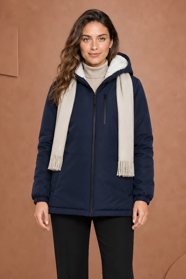 Women's Navy Blue Fur-Lined Water and Wind Resistant Hooded Winter Coat & Jacket