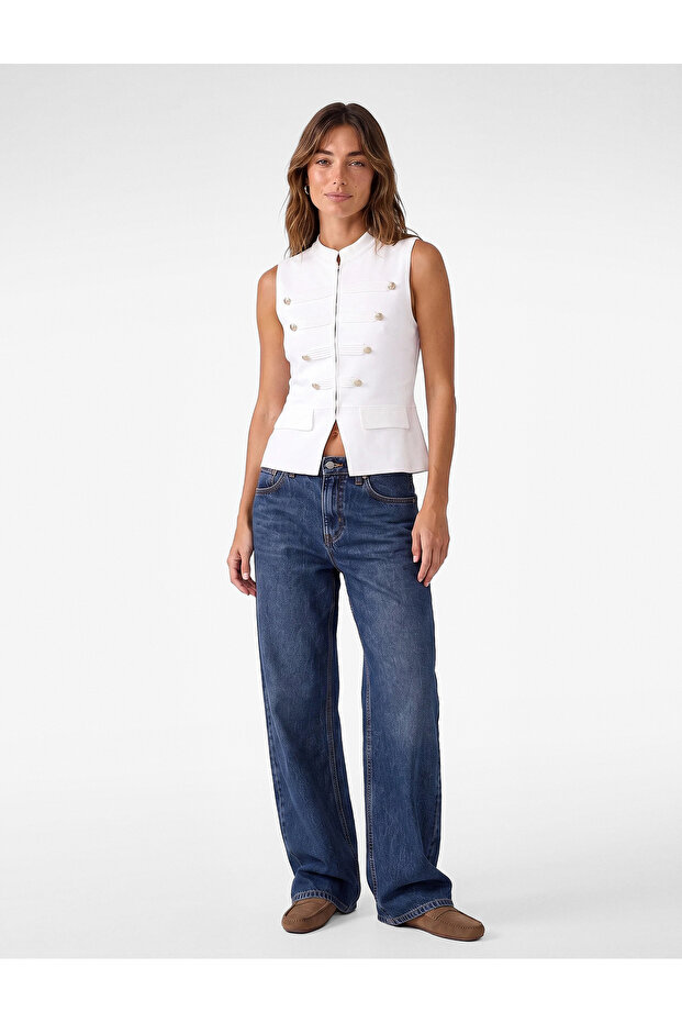 Mandarin Collar Sleeveless Ornamental Buttoned Knitwear Vest with Pockets