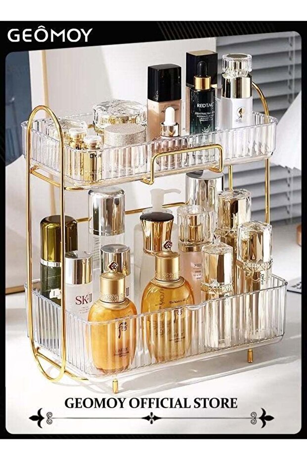 2-Tier Bathroom Organizer Countertop Basket with Sliding Tray Cosmetic Display Cases Kitchen Counter Organizers Spice Rack