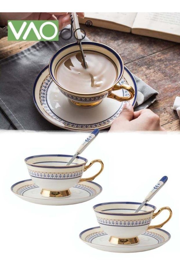 2PCS Coffee and Saucer Set With Spoon Thin Through Bone China Hand-painted Gold Black Tea Teacup Afternoon Teacup and Saucer Spoon Set