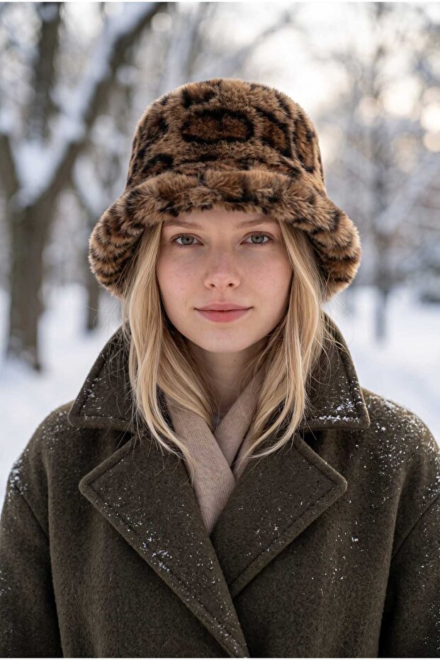Women's Winter Leopard Patterned Plush Beanie Hat